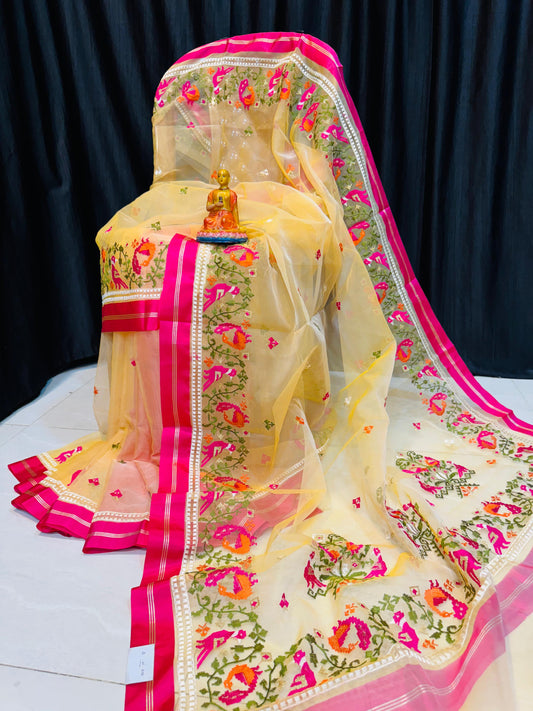 Multicoloured Patola embroidery work on muslin jamdani 2026 new collection - Yellow