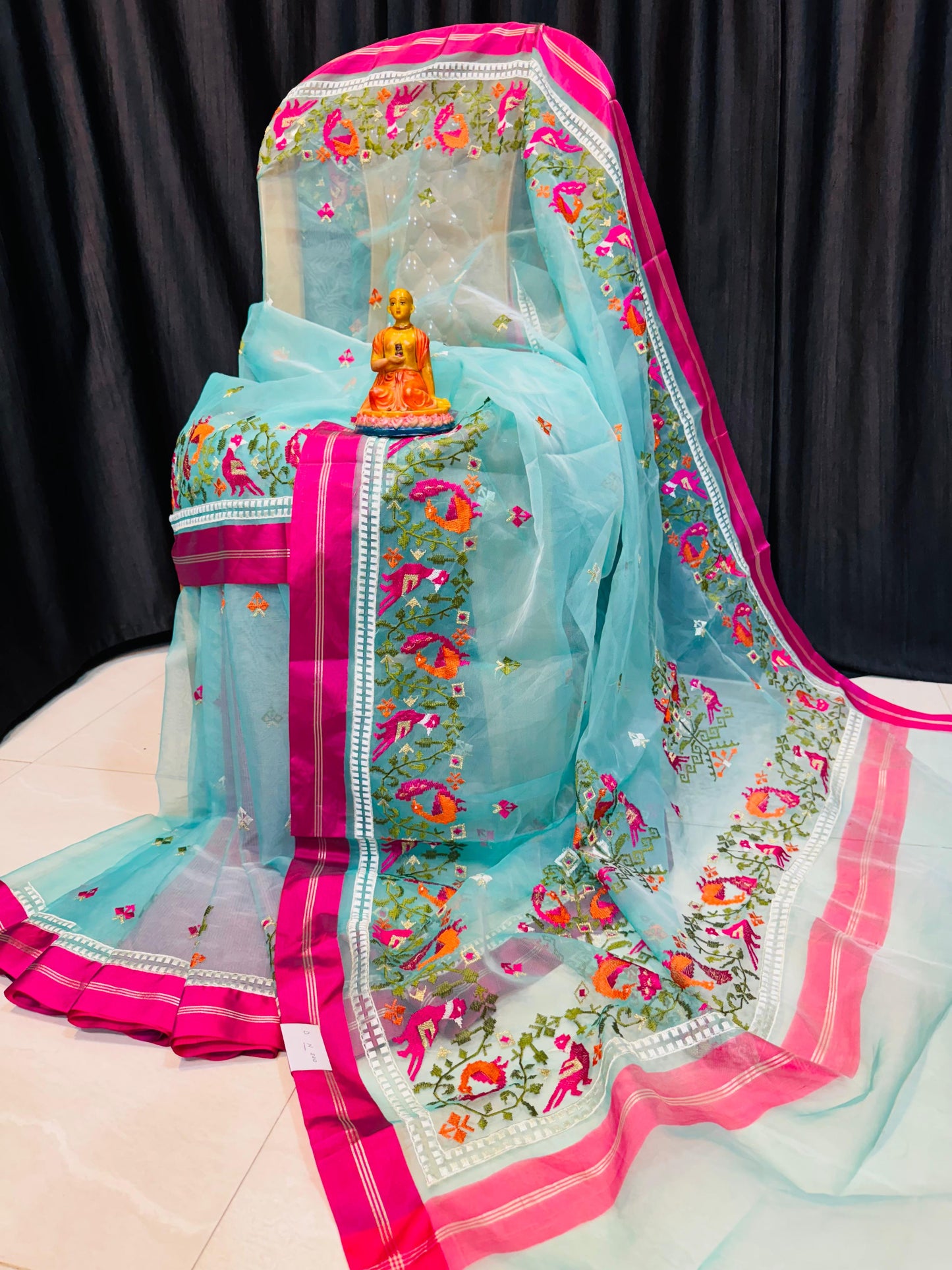 Multicoloured Patola embroidery work on muslin jamdani 2026 new collection - Sky