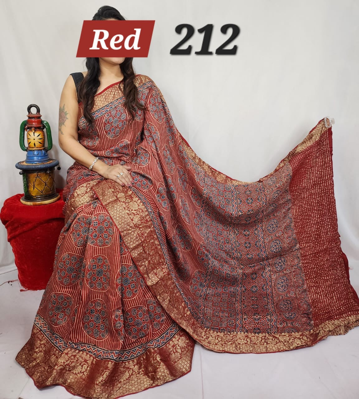 Natural dyed Modal silk saree with ajrakh print - Style 4 - Saree