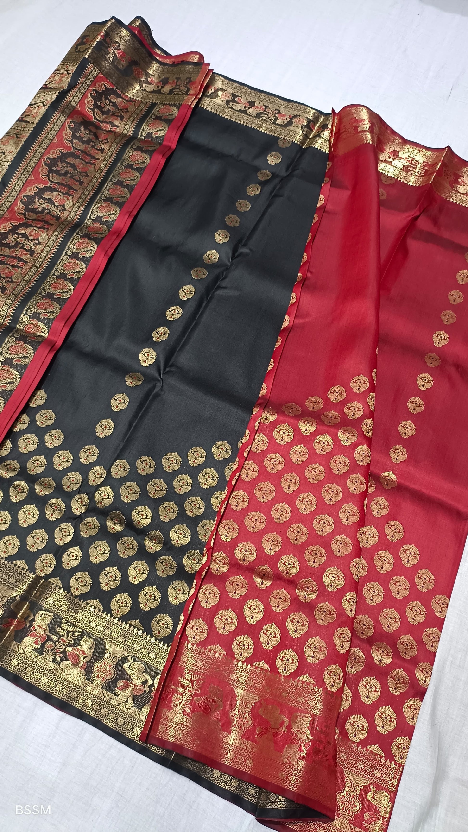 Original Swarnachori Silk Sarees from Putul’s Fashion in Bishnupur Silk - Black red - Bishnupur silk