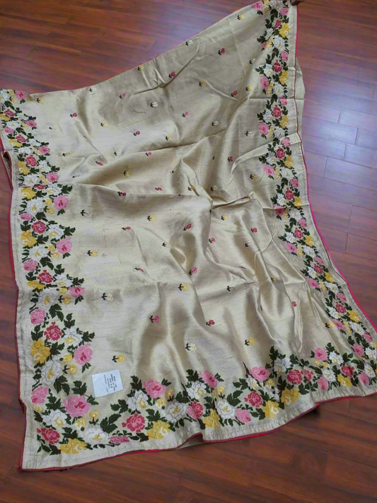 Parsi embroidery on desi tussar silk saree silk mark certified Beige Tussar saree