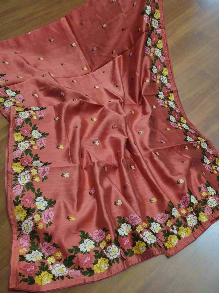 Parsi embroidery on desi tussar silk saree silk mark certified Milky red Tussar saree