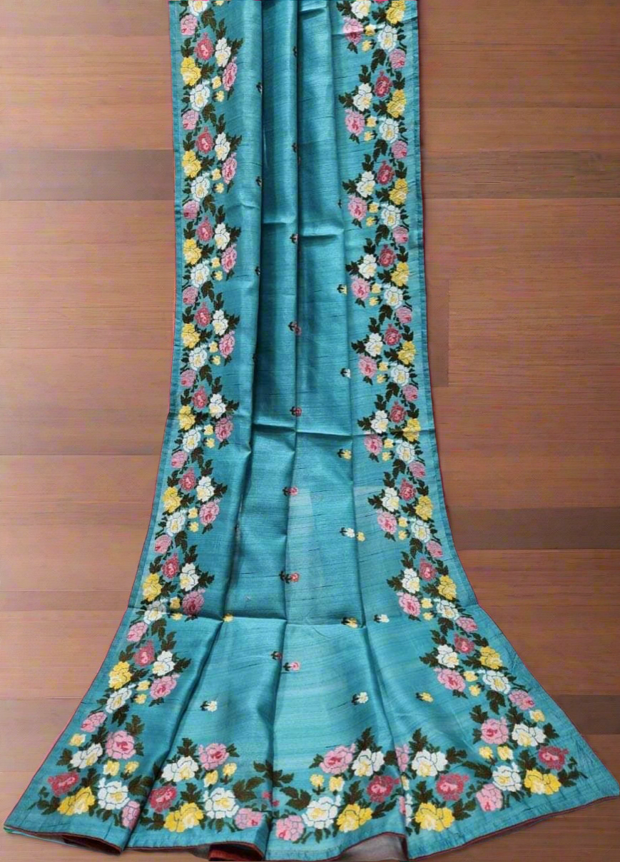 Parsi embroidery on desi tussar silk saree silk mark certified Pista Tussar saree