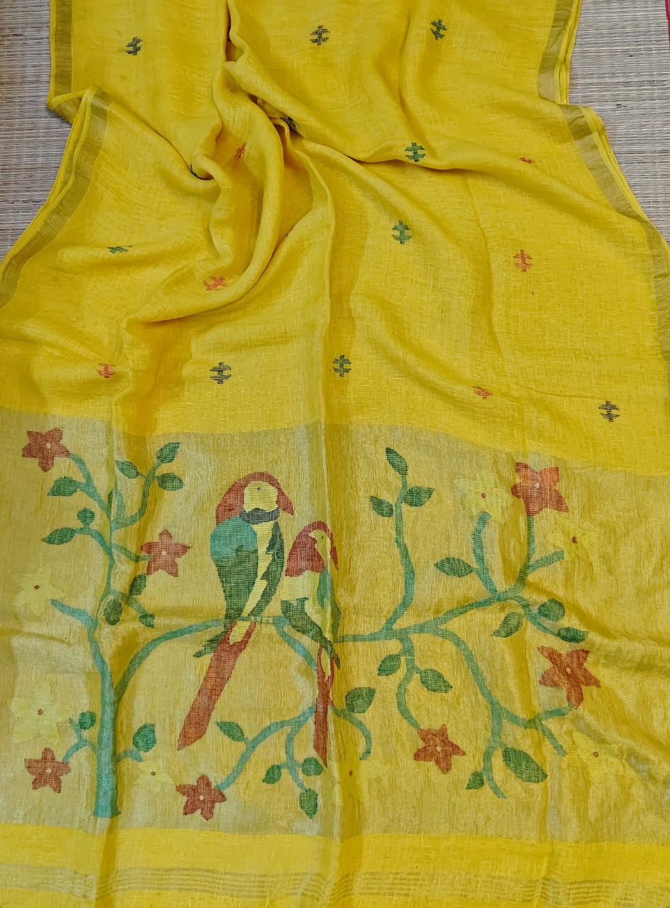 Pink Linen Jamdani Sari with Floral Embroidery and Parrot Motifs - Yellow - Linen Saree