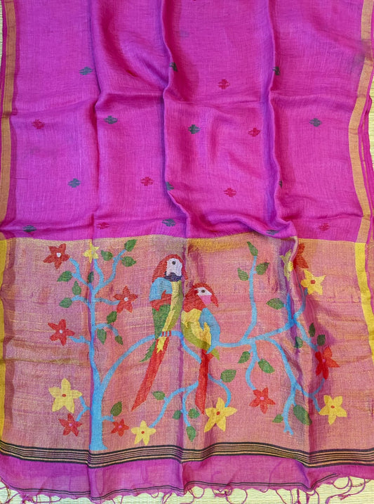 Pink Linen Jamdani Sari with Floral Embroidery and Parrot Motifs - Rani - Linen Saree