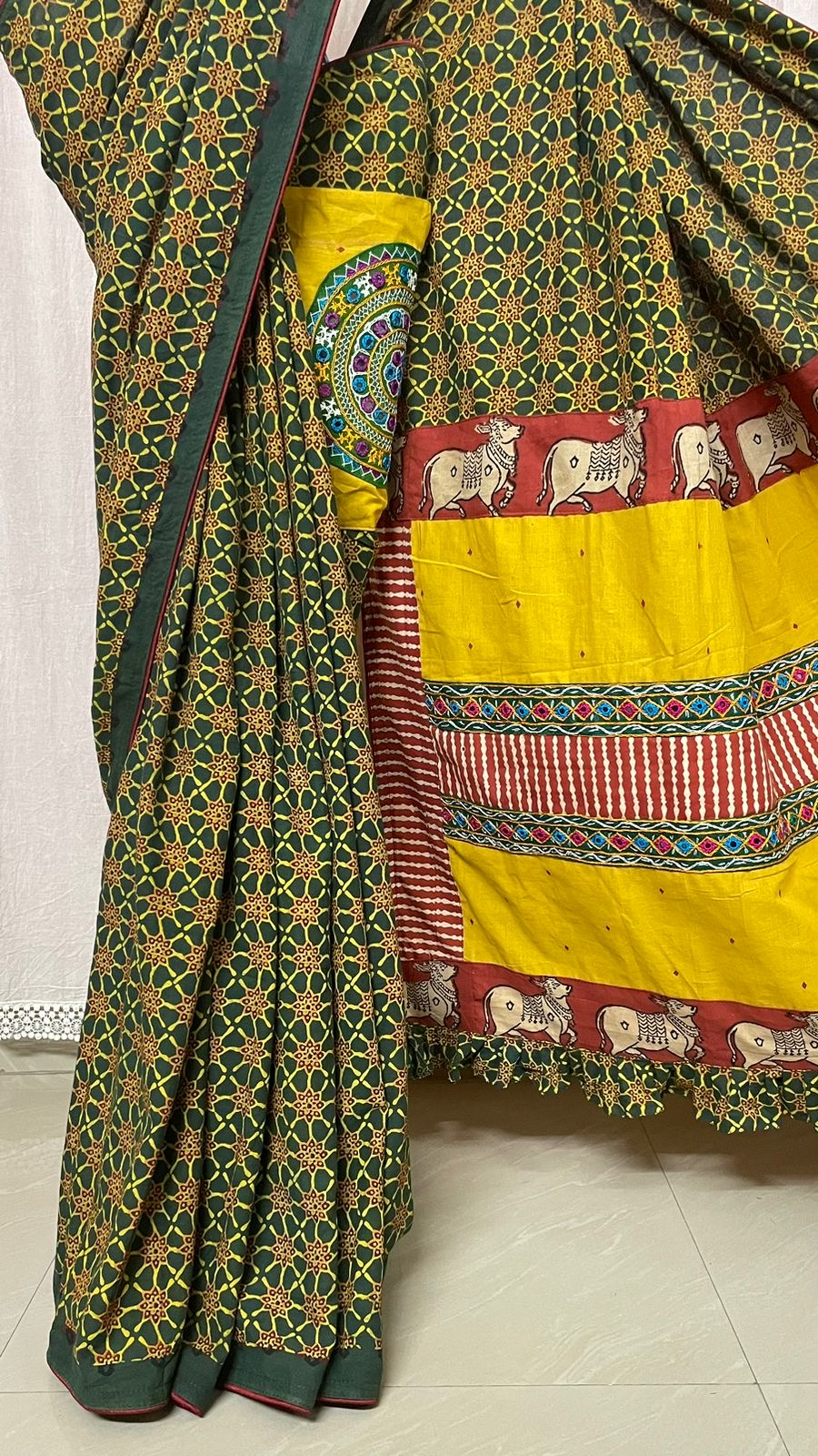 Pocket saree Ajrakh cotton saree fusion mix n match - cotton