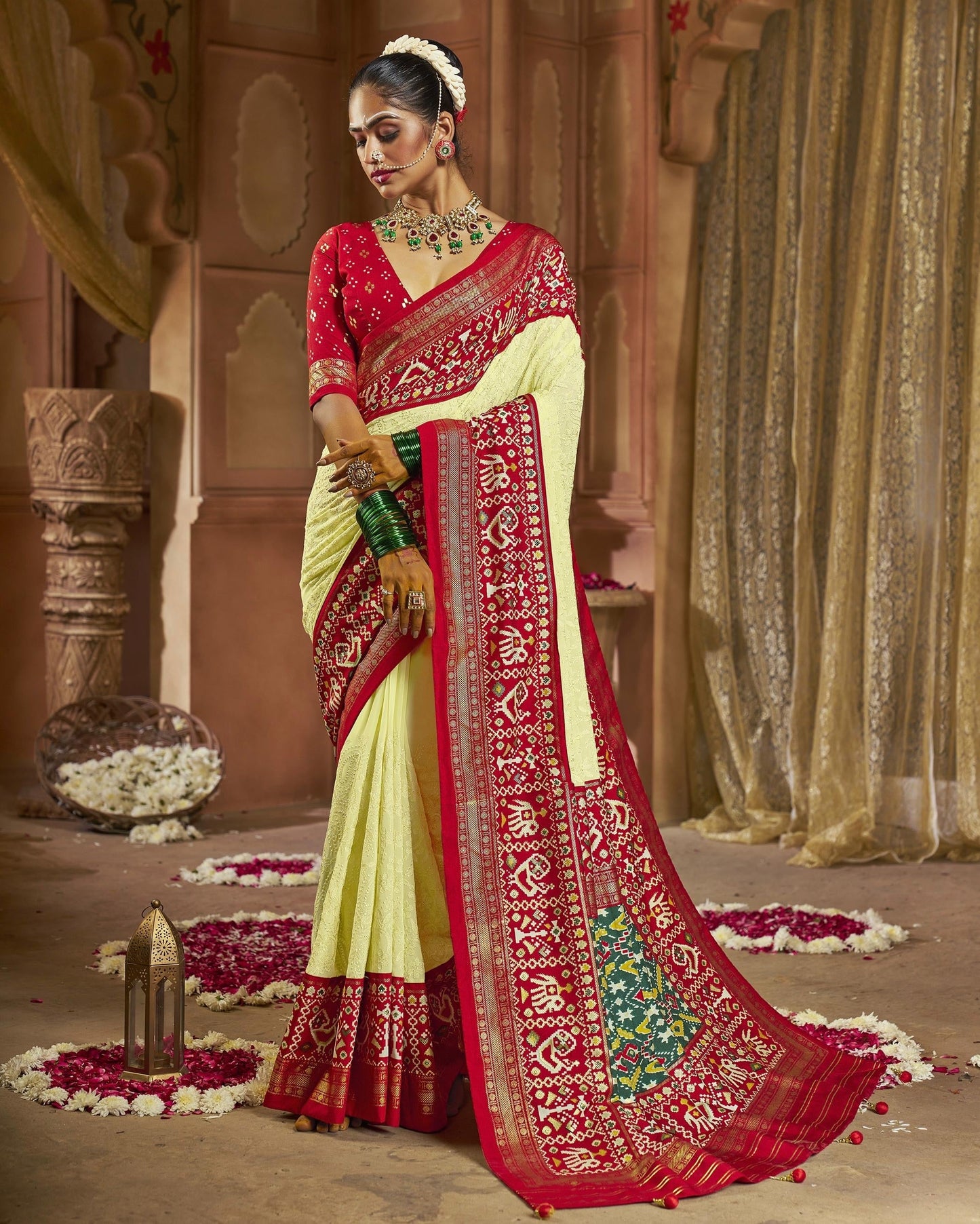 Premium Georgette chikankari patola saree