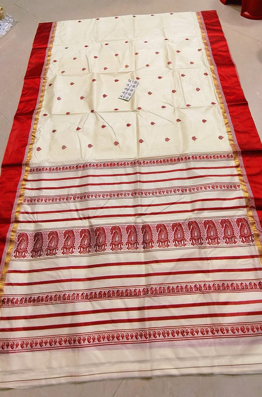 Premium traditional Garad silk saree for Puja silk mark certified - White red - Garad silk
