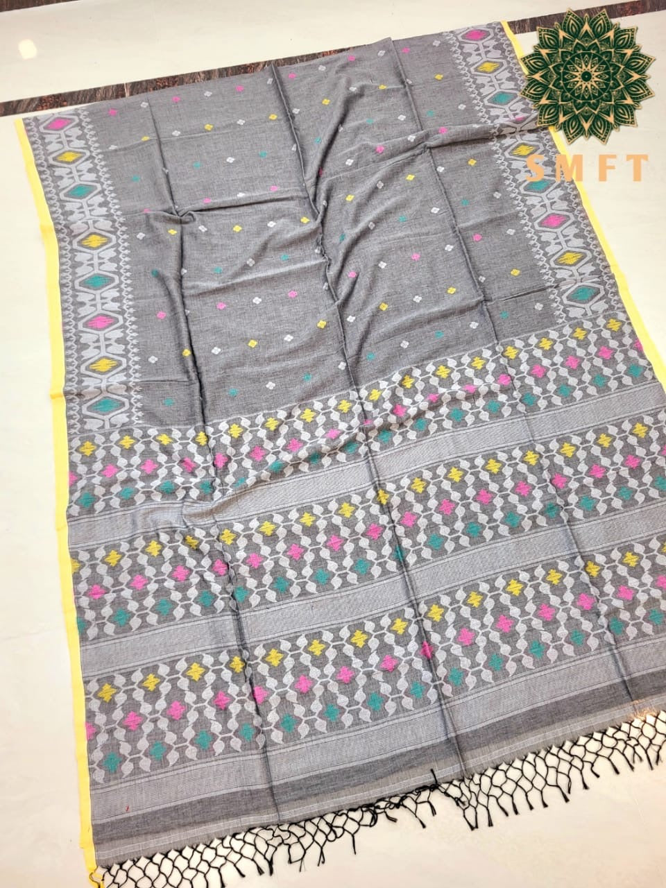 Puja Special cotton jamdani saree - Ash - Cotton jamdani