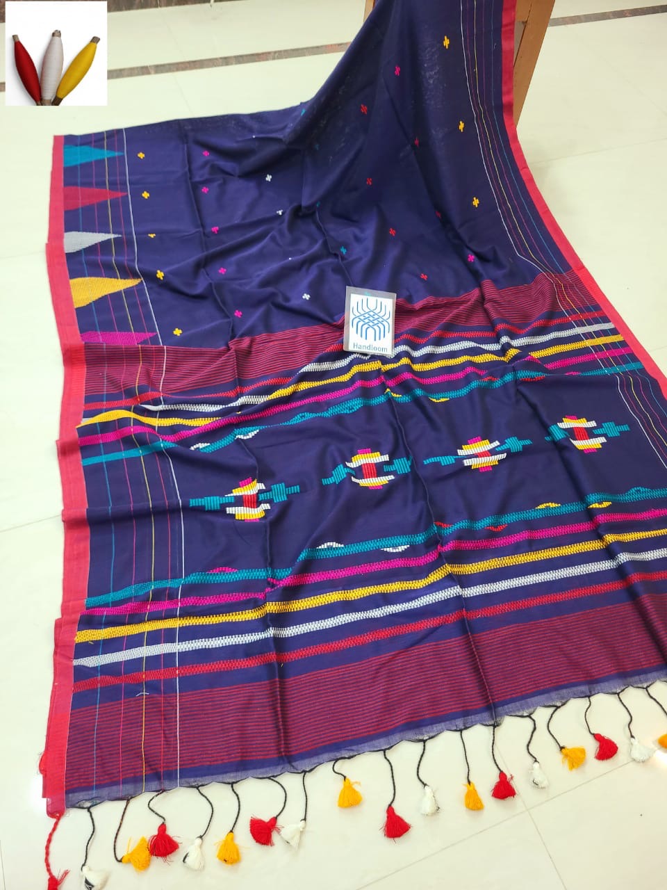 Puja Special cotton jamdani saree - Blue - Cotton jamdani