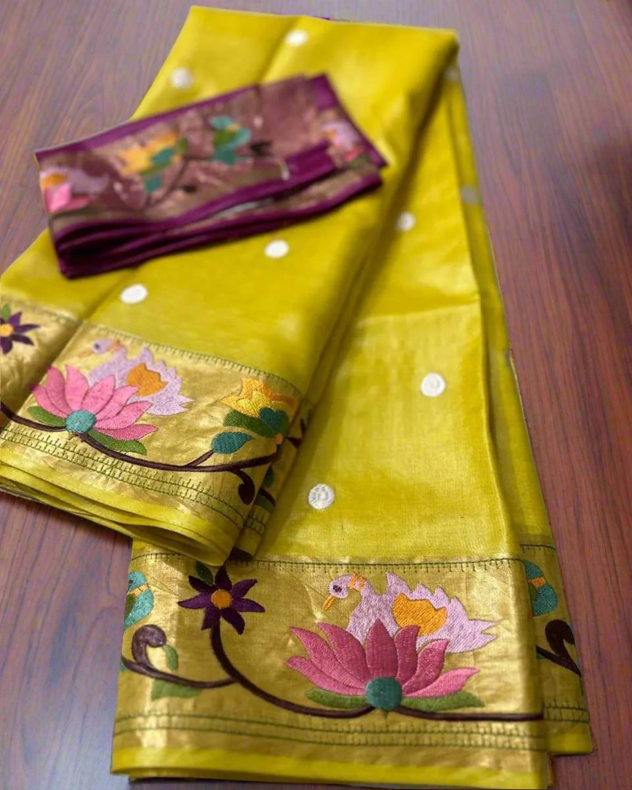 Paithani embroidery on desi tussar silk An ensemble of love and tradition - Yellow - Tussar saree