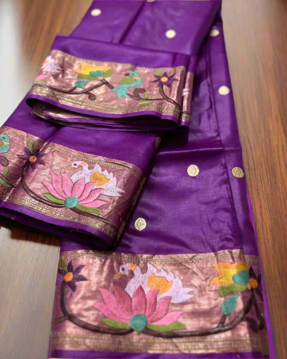 Paithani embroidery on desi tussar silk An ensemble of love and tradition - Violet - Tussar saree