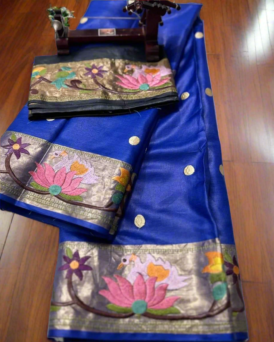 Paithani embroidery on desi tussar silk An ensemble of love and tradition - Teal blue - Tussar saree