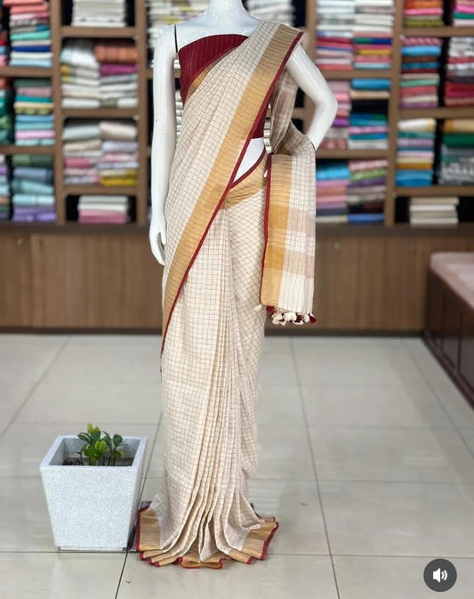 Putul’s Fashion Linen Golden Checked Jamdani Saree with Red and Gold Border - Red - Linen Saree