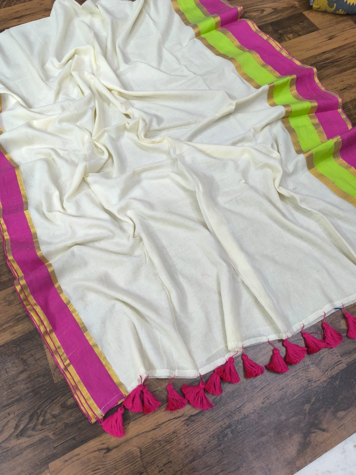 Putul’s Fashion Mul cotton Saree in Mul Cotton with Pink and Green Border No blouse - Mul cotton