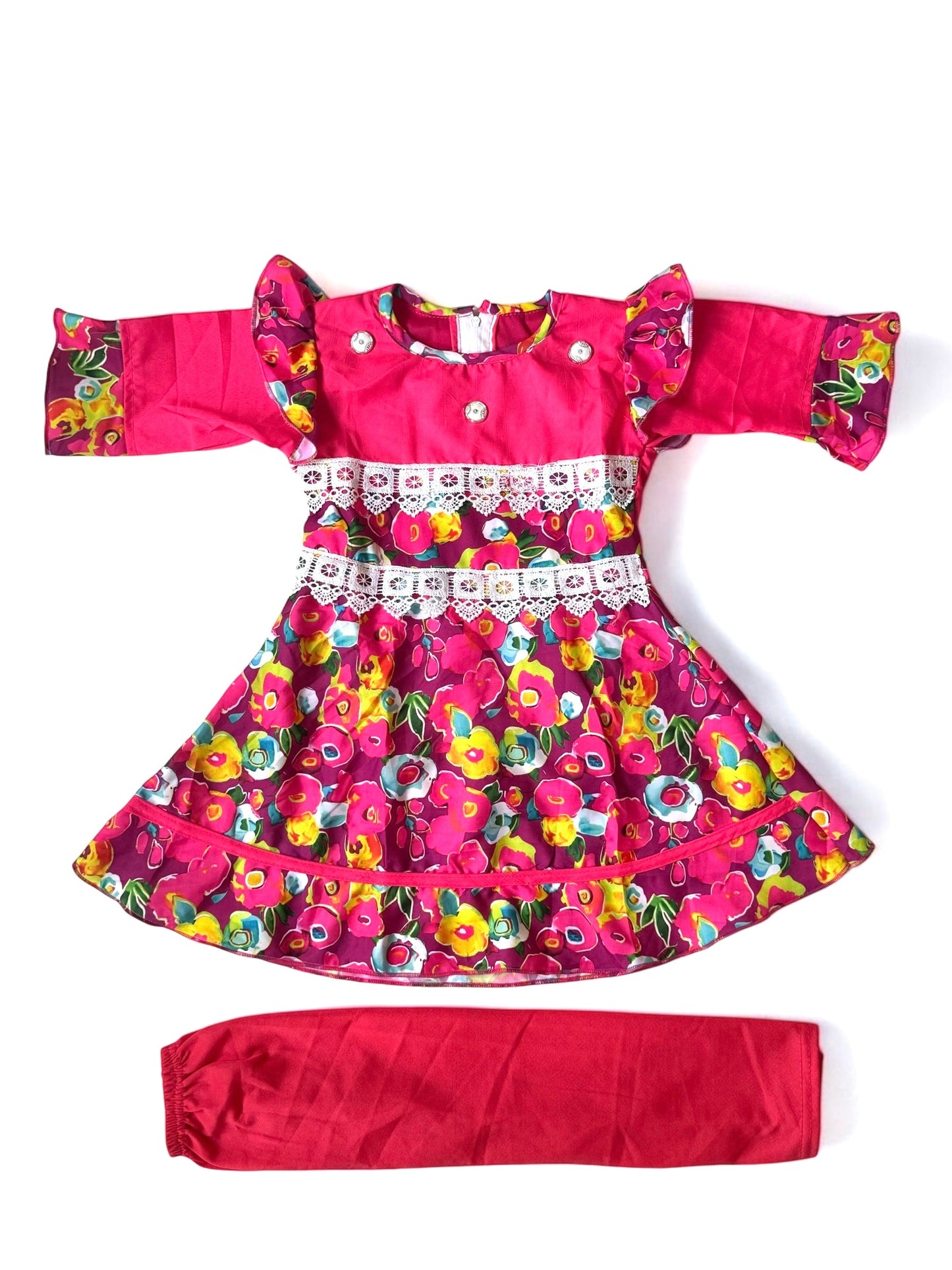 Putul’s Fashion Pink Floral Baby Girl Frock with Matching Pants - Pink - Baby