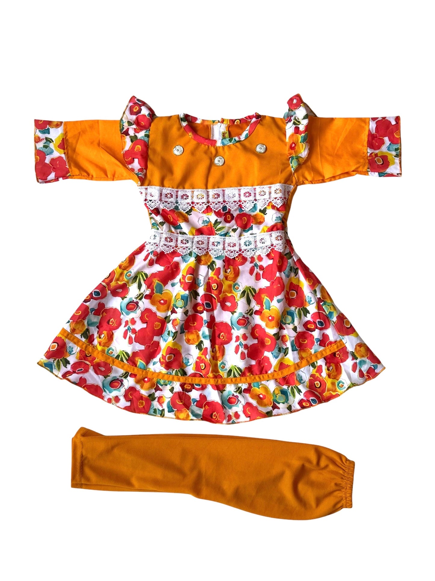 Putul’s Fashion Pink Floral Baby Girl Frock with Matching Pants - Orange - Baby