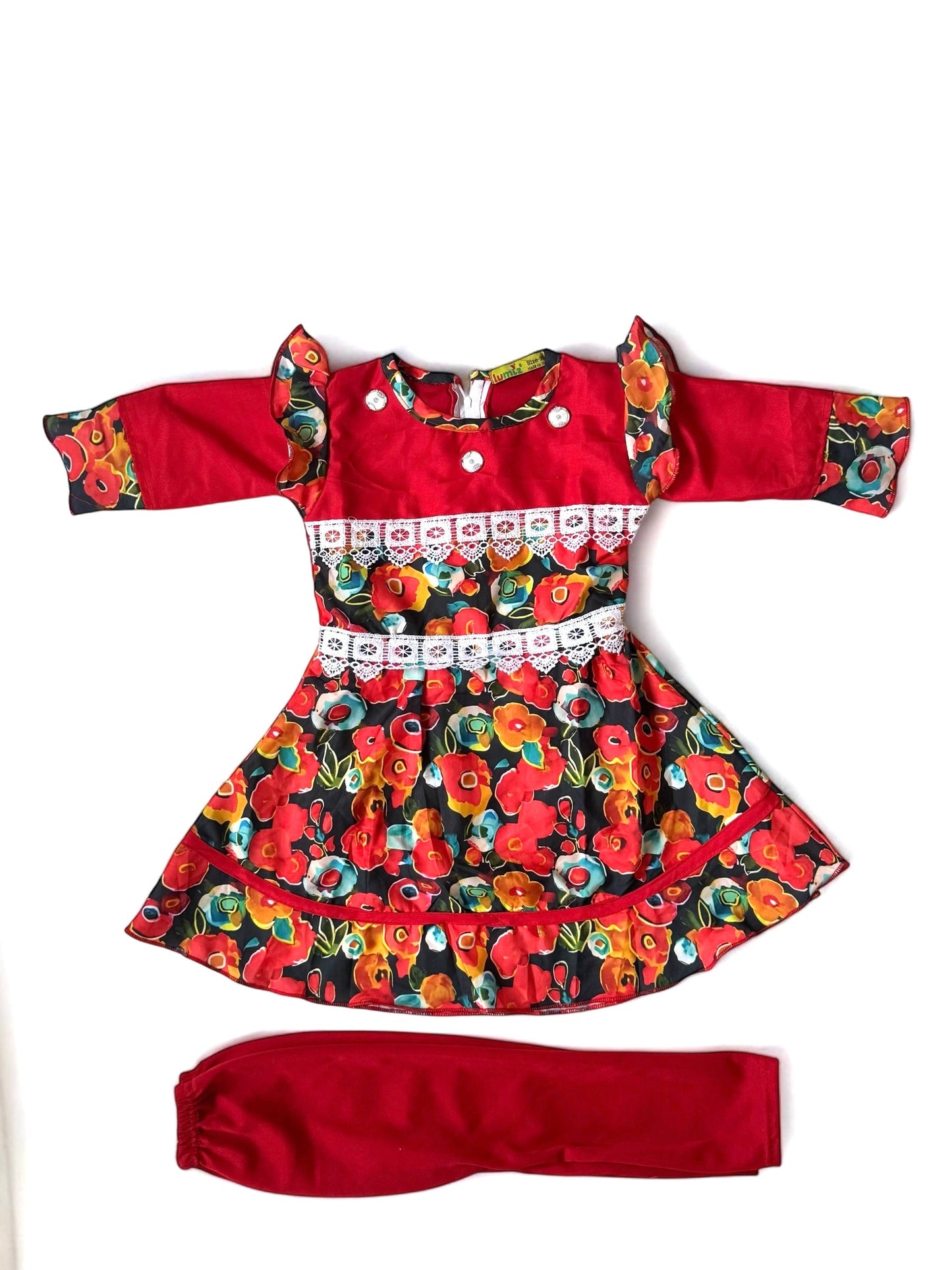 Putul’s Fashion Pink Floral Baby Girl Frock with Matching Pants - Red - Baby