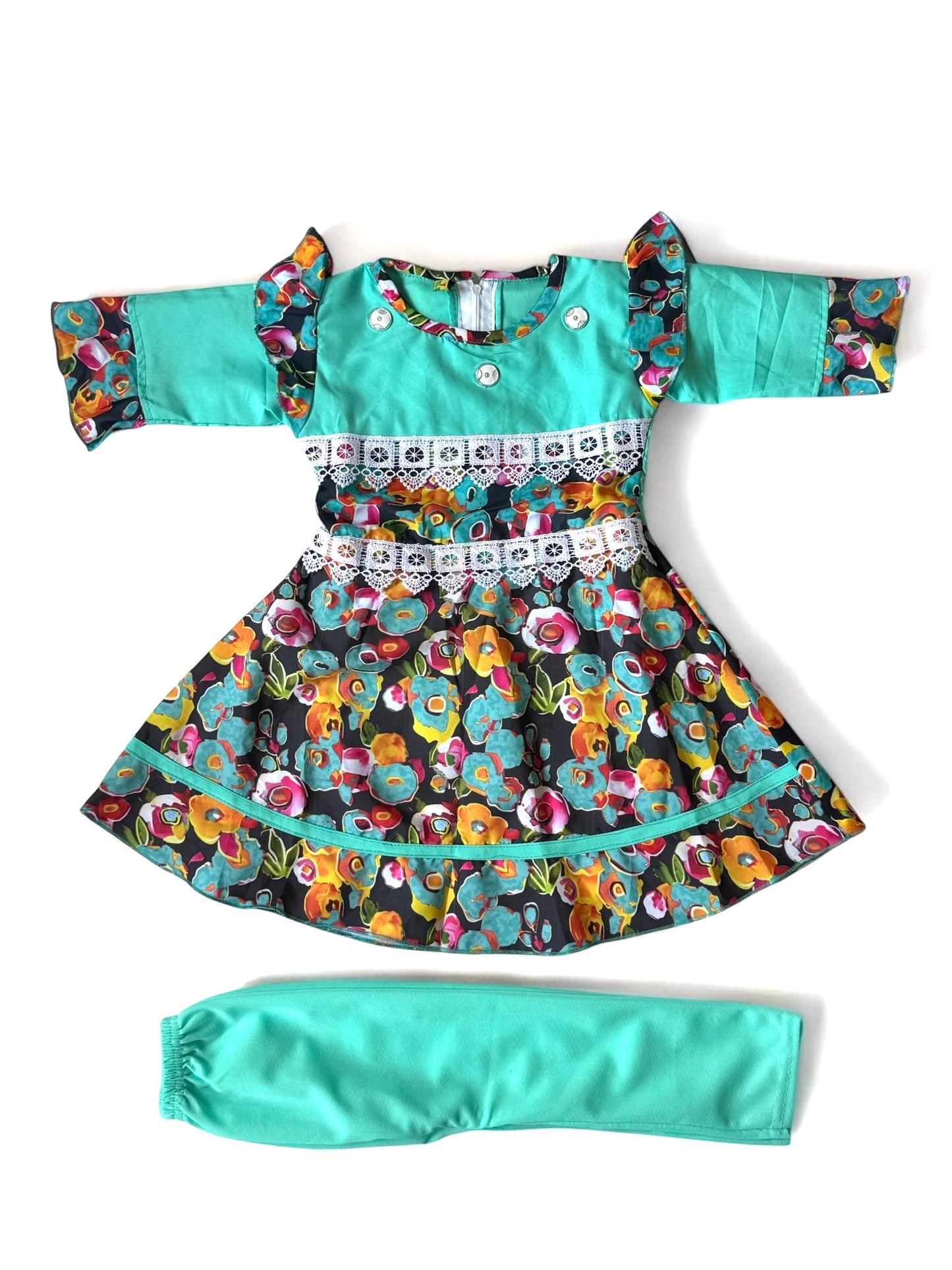 Putul’s Fashion Pink Floral Baby Girl Frock with Matching Pants - Sea green - Baby