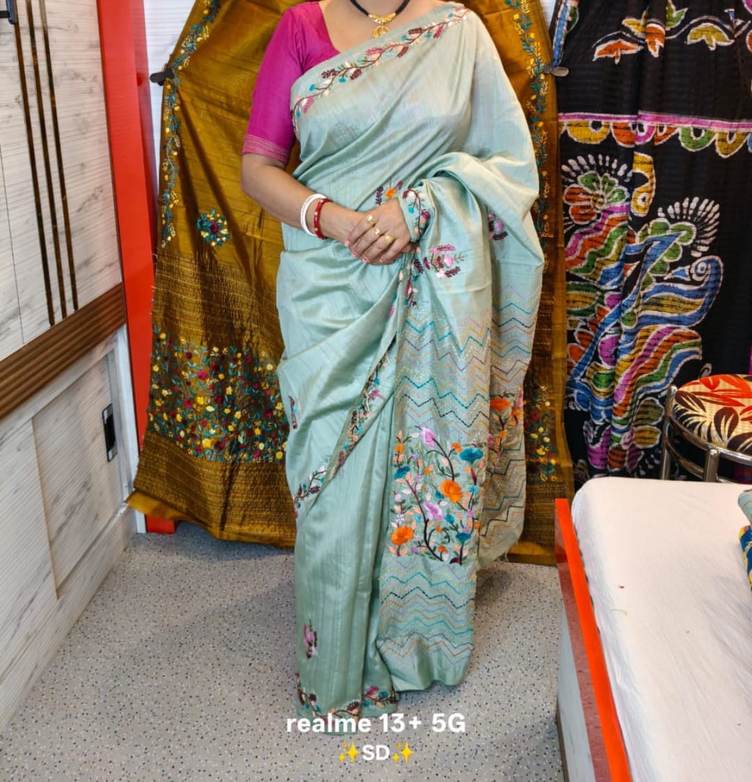 Putul’s Fashion Silk Mark Certified Tussar Sarees with Floral Embroidery - Light sky