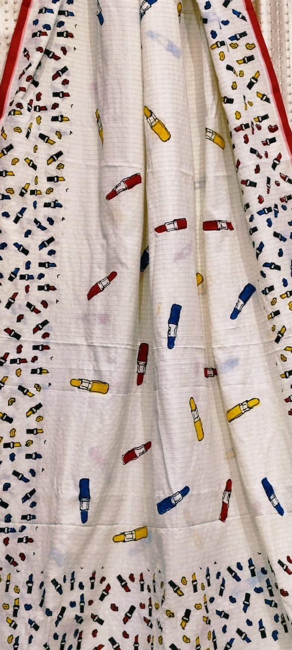 Quirky print on cotton taant saree Puja edition without blouse piece - White