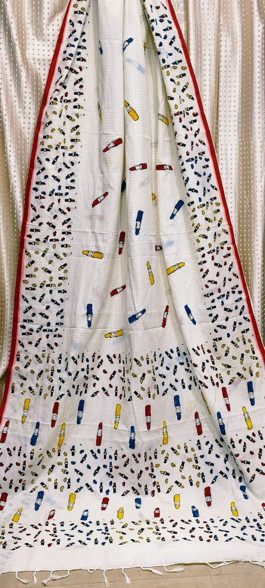 Quirky print on cotton taant saree Puja edition without blouse piece - White