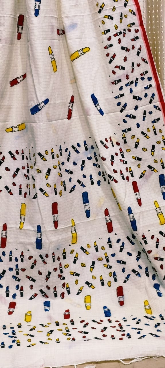 Quirky print on cotton taant saree Puja edition without blouse piece - White