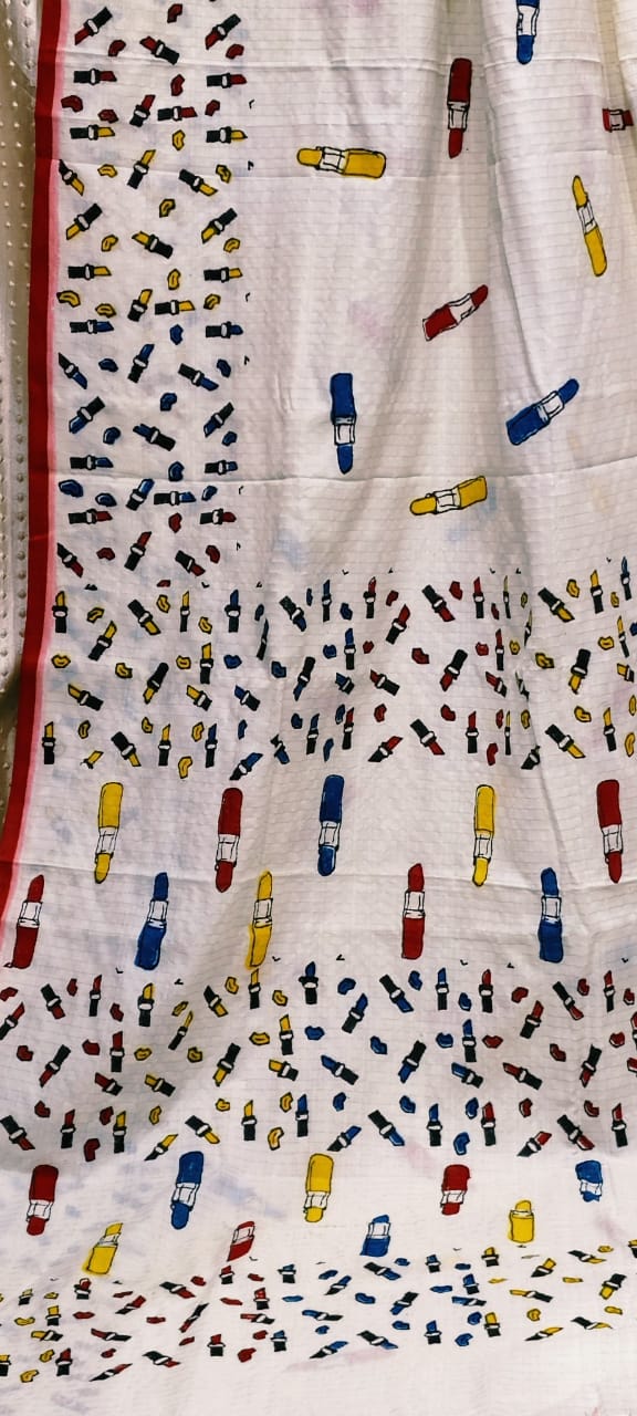 Quirky print on cotton taant saree Puja edition without blouse piece - White