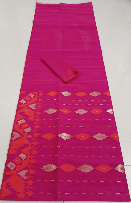 Rani coloured Half silk jamdani from Bangladesh intricate work of orange and golden yellow - Bangladesh jamdani