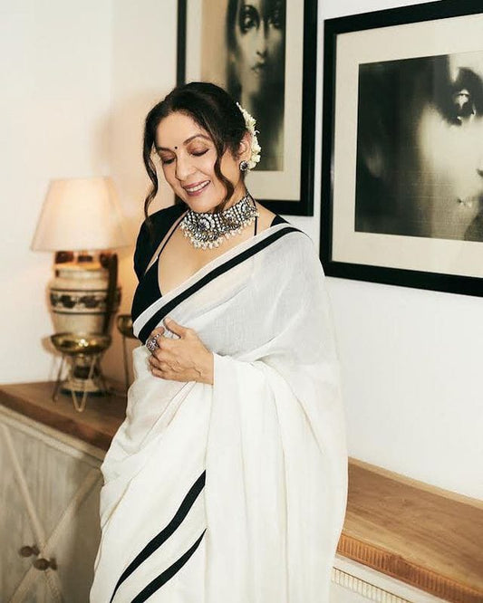 Replica white double border mul cotton saree