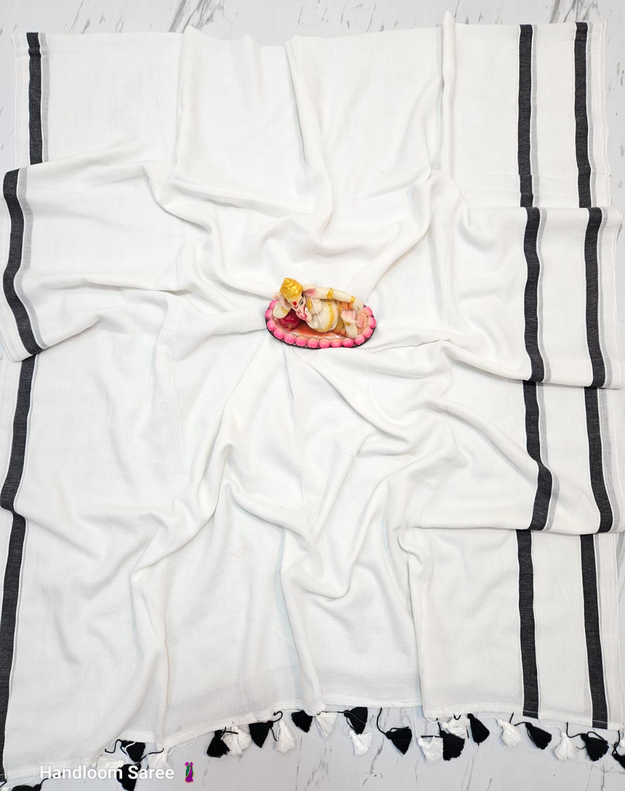 Replica white double border mul cotton saree