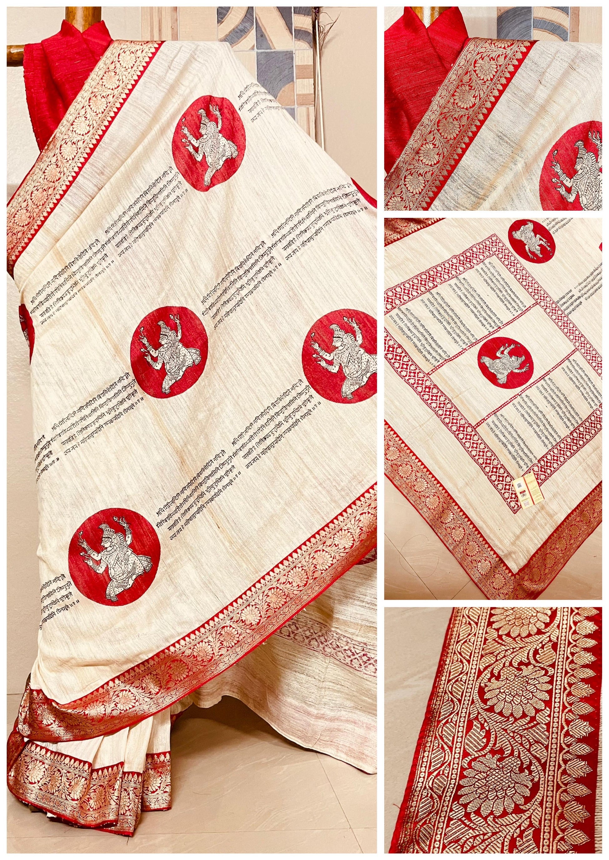 Sanskrit script saree in Tussar gicha Maa Lakshmi - Script saree