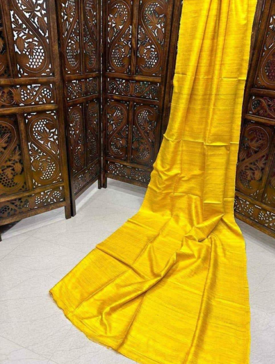 Single dye gicha tussar silk saree silk mark certified - Yellow - Tussar saree