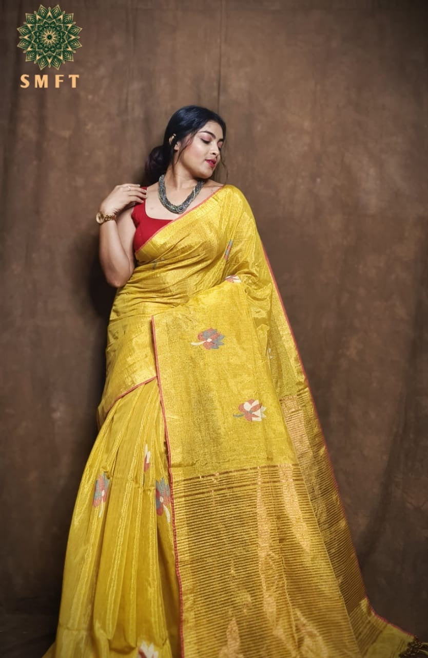 Tissue linen saree lotus motif - Yellow - Linen Saree