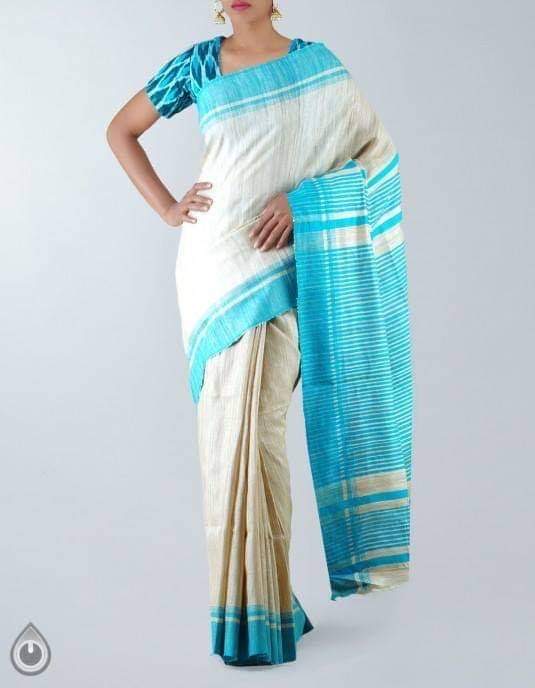 Tussar Gicha handloom silk mark certified single border saree - Blue - Tussar saree