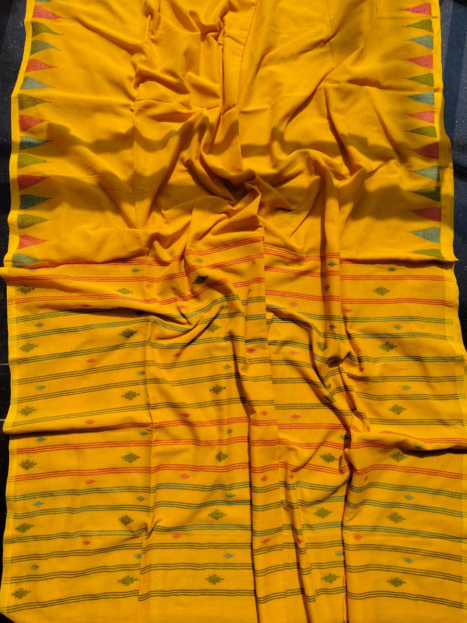 Vibrant Jamdani Saree with Geometric Patterns and Bold Borders - Yellow - Cotton jamdani