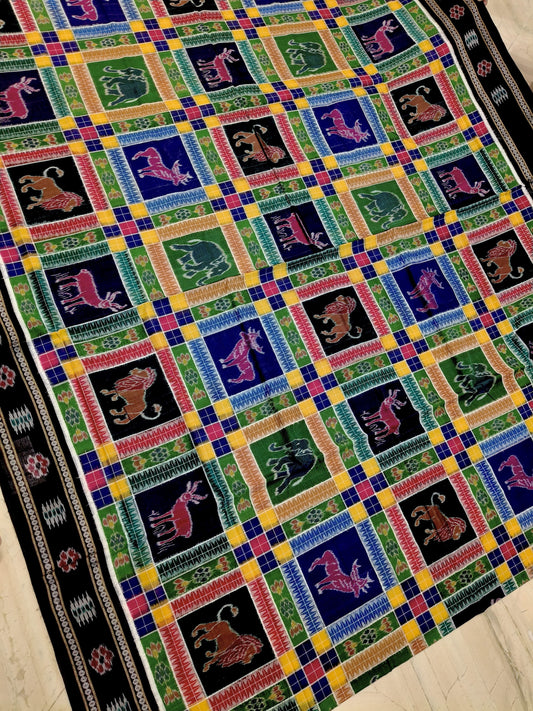 Vibrant Sambalpuri Handloom Ikat Saree with Animal Motifs - Sambalpuri saree