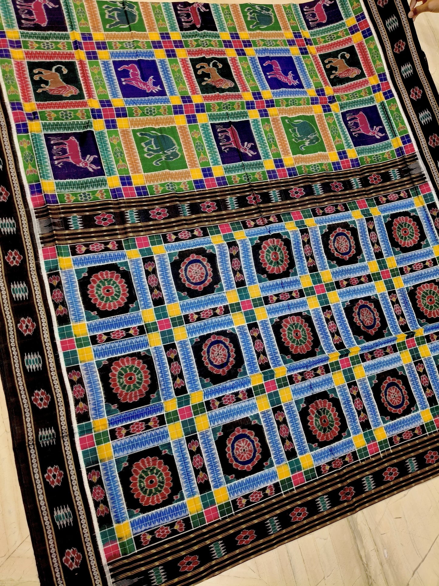 Vibrant Sambalpuri Handloom Ikat Saree with Animal Motifs - Sambalpuri saree