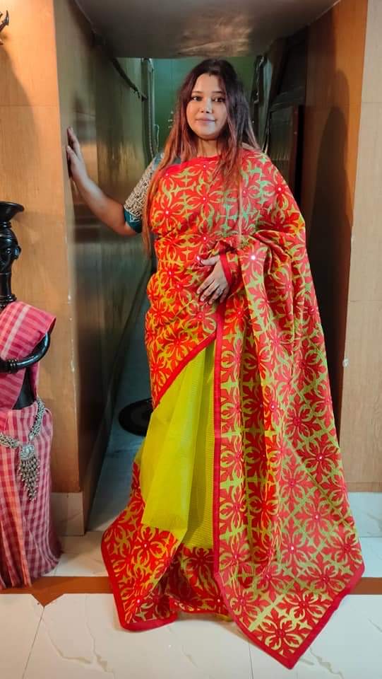 White Applique Saree - Green