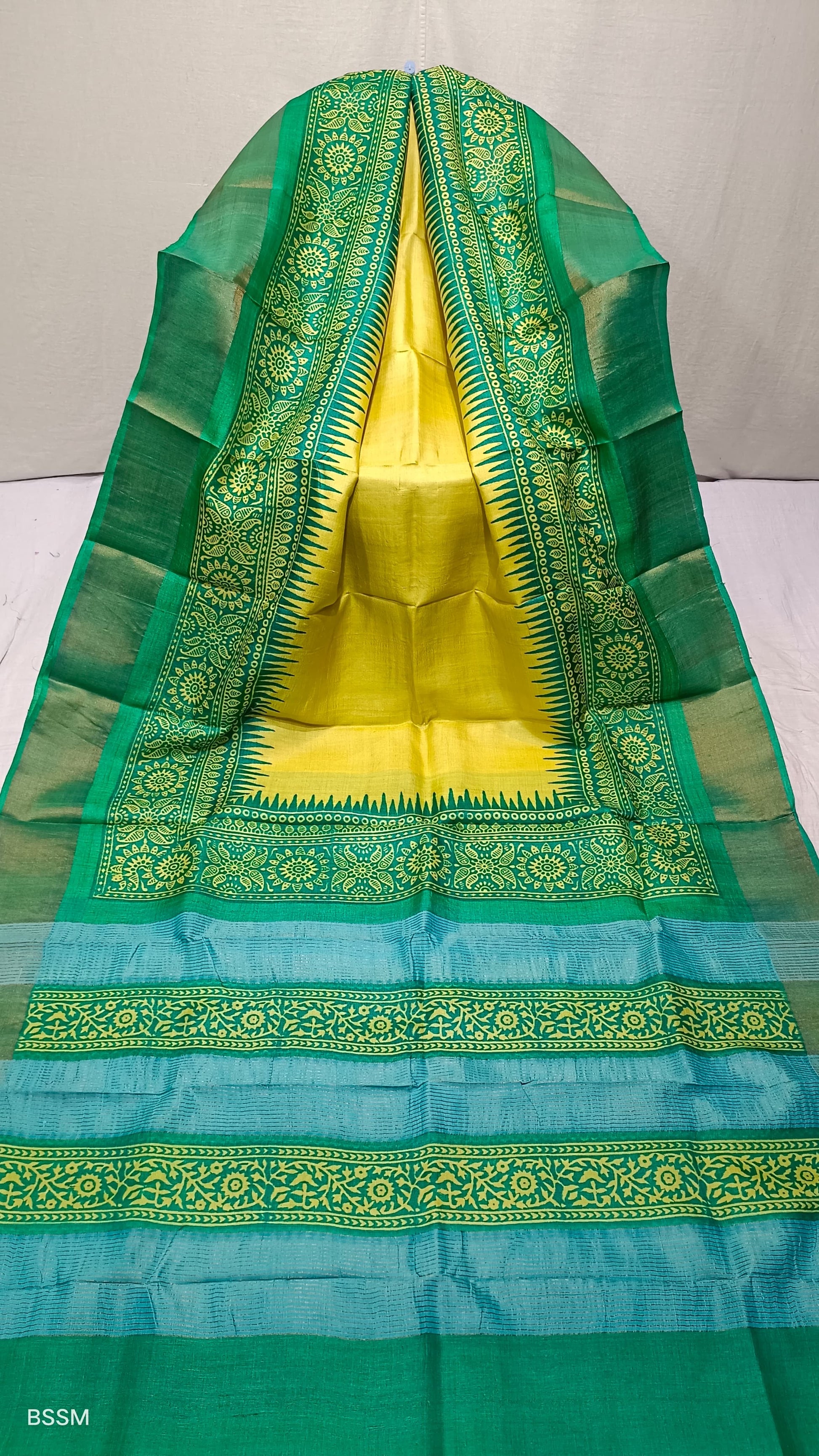 Yellow and Green Jamdani Saree from Putul’s Fashion in Gachi Tussar