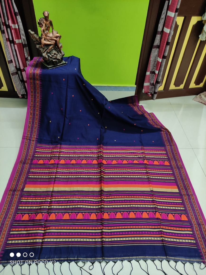 Yellow coloured dongria motif cotton saree - Blue - cotton saree