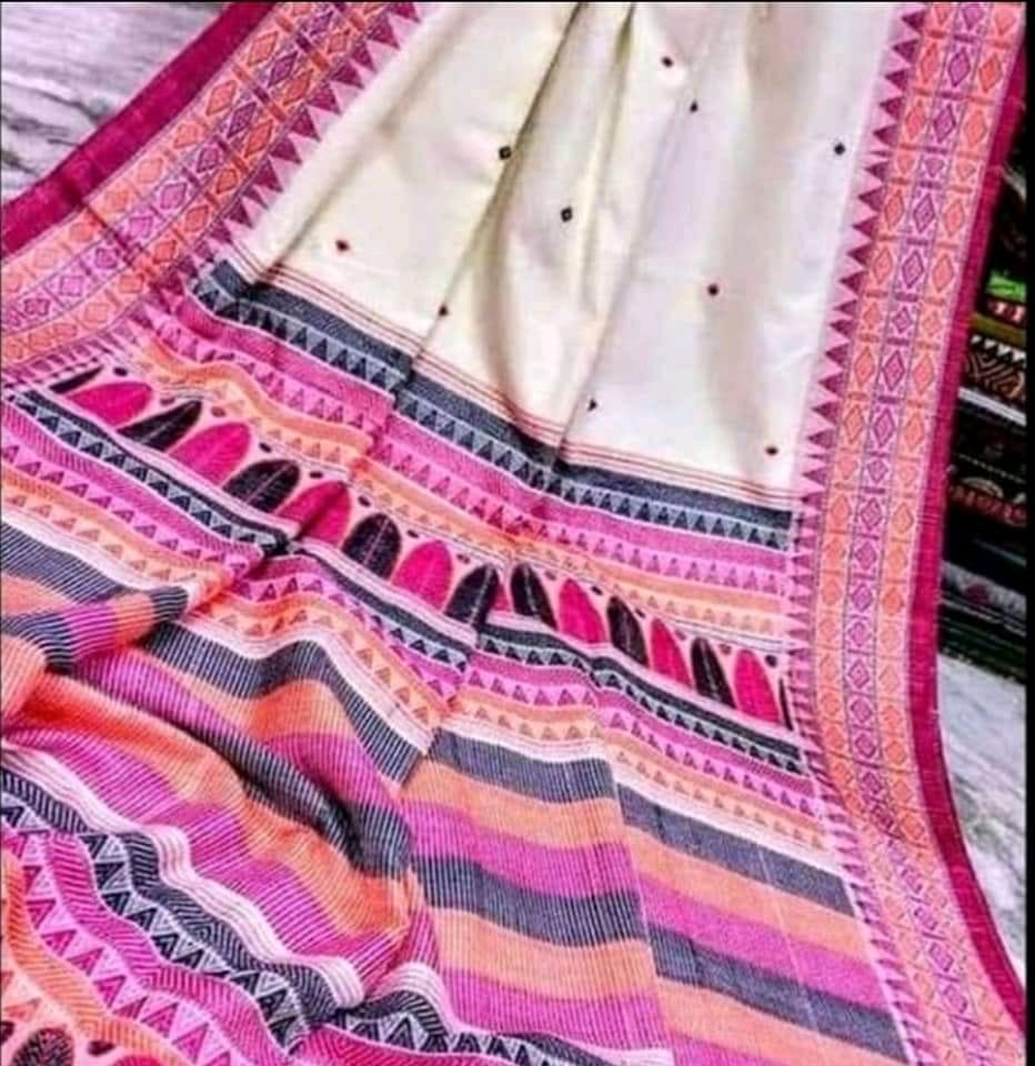 Yellow coloured dongria motif cotton saree - White - cotton saree
