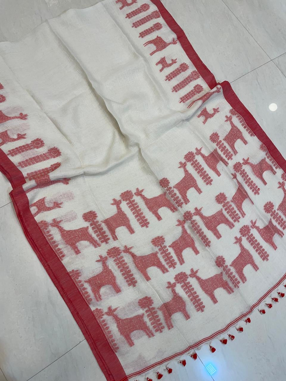 Linen jamdani saree horse motif