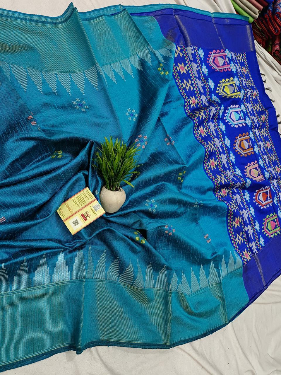 Raw silk from Chattisgarh dolabedi motif silk marked - Blue - Raw silk