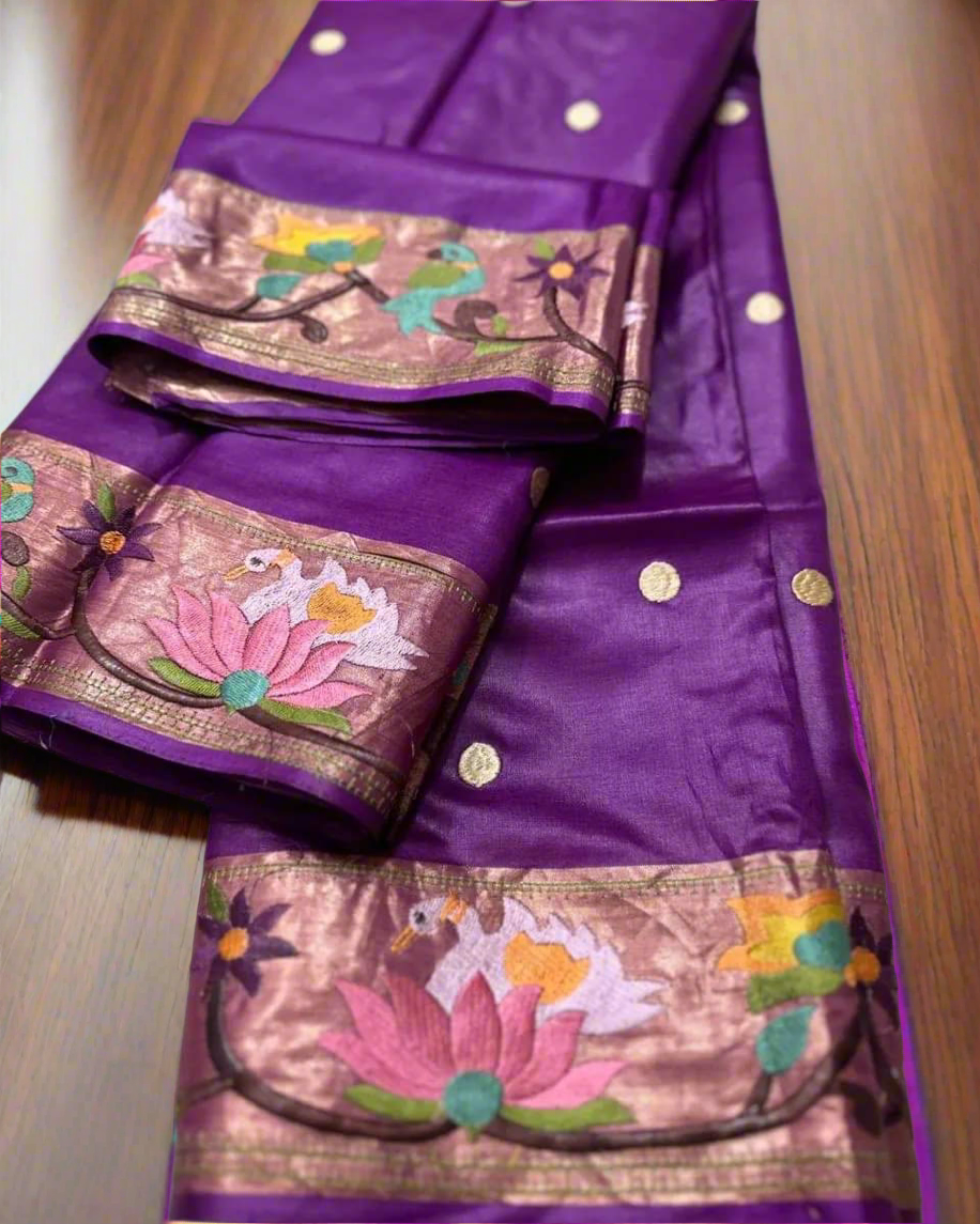 Paithani embroidery on desi tussar silk, An ensemble of love and tradition