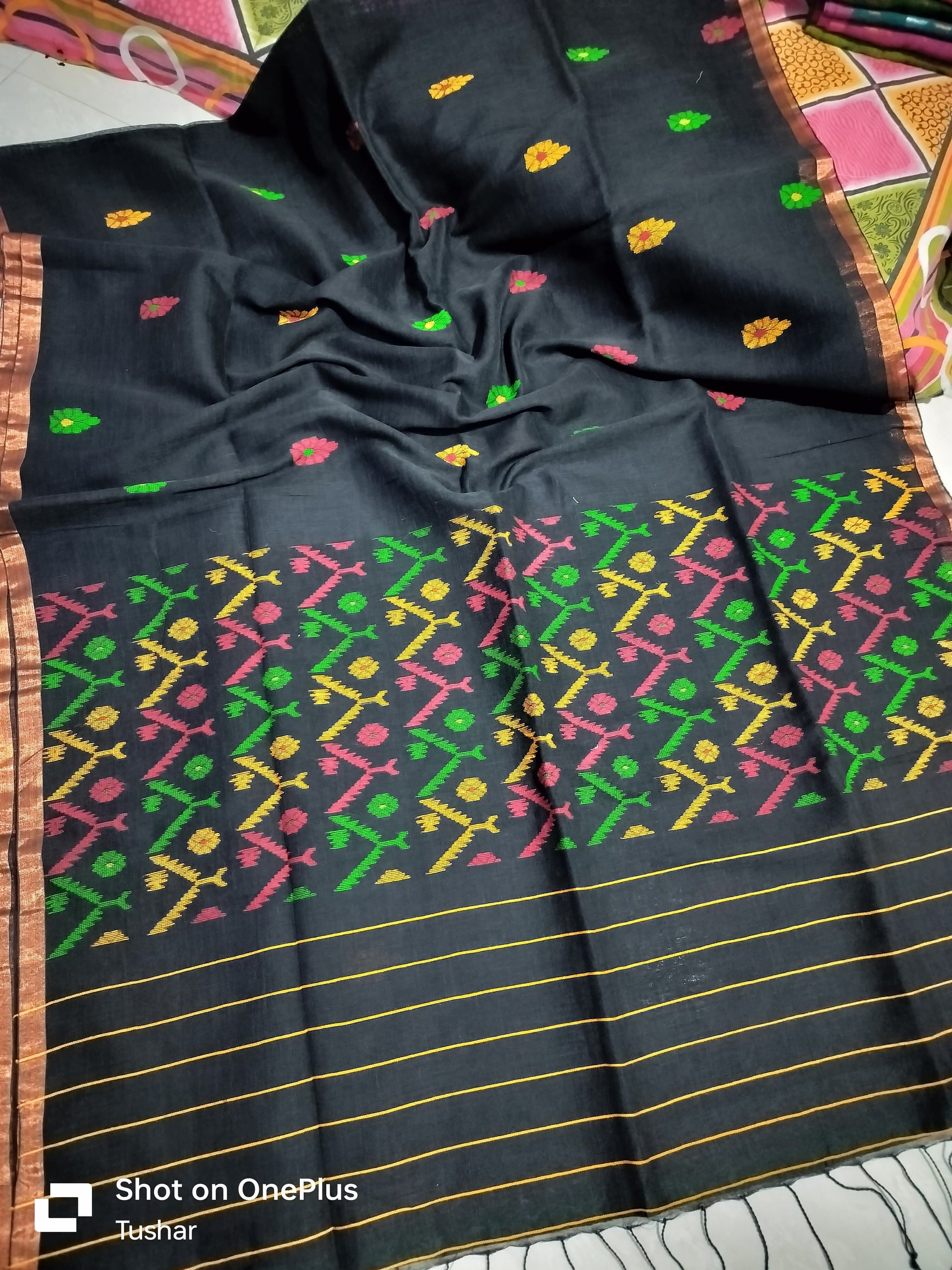 Linen jamdani saree of Puja - Black