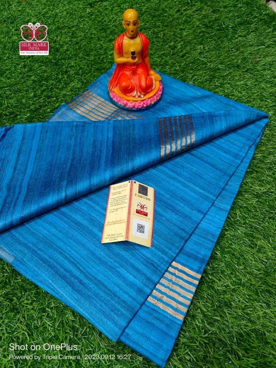 Single dye zari border gicha tussar silk saree silk mark certified - Blue affair - Tussar saree