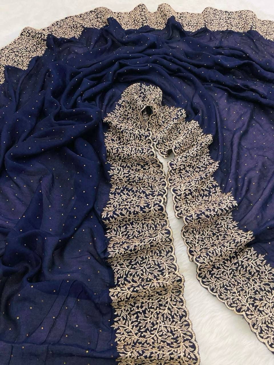 Vichitra silk saree with stone allover the saree - Navy