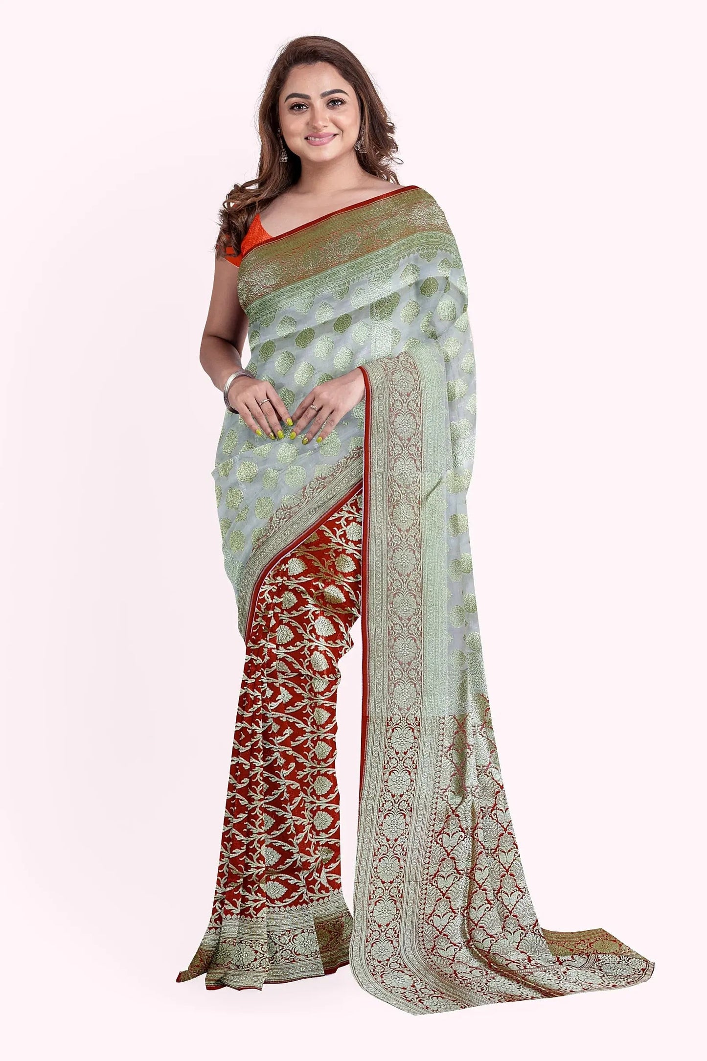 Katan silk saree white orange