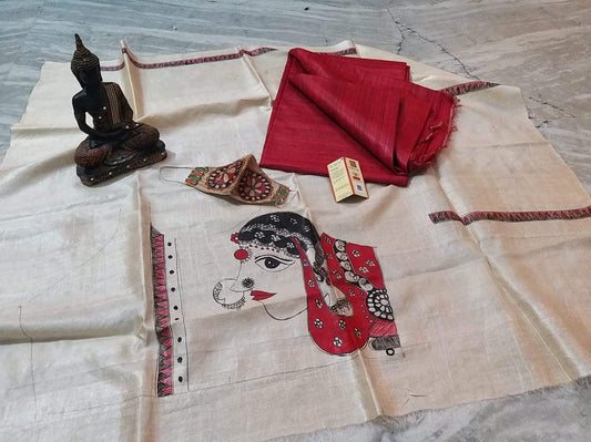 Single dye tussar silk saree with Madhubani hand painting blouse piece silk mark certified - Red - Tussar saree